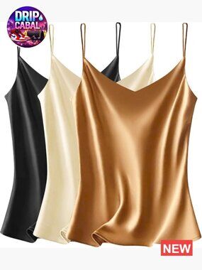 Satin V-Neck Cami Top Pack Adjustable Spaghetti Strap Tank Tops Silky Blouses